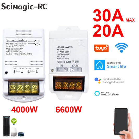 Smart Tuya Switch WIFI / ZIGBEE 30A 6600W / 4000W Relay Module Smart Life Wireless Remote Control Breaker Work with Alexa