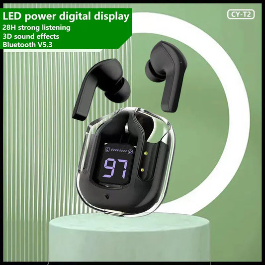 Transparent Earphones Wireless Bluetooth Noise Canceling LED Digital Display Charging Case Waterproof Gaming Compatible