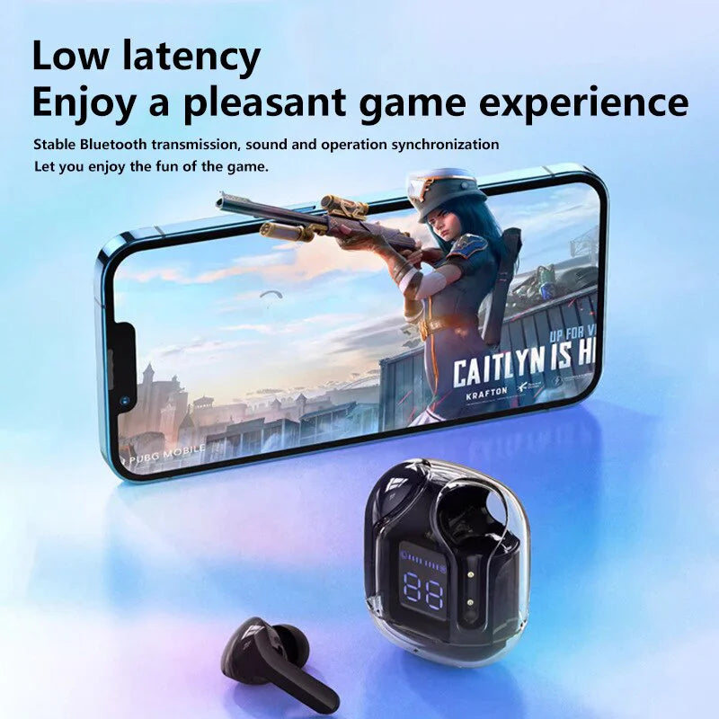 Transparent Earphones Wireless Bluetooth Noise Canceling LED Digital Display Charging Case Waterproof Gaming Compatible