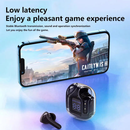 Transparent Earphones Wireless Bluetooth Noise Canceling LED Digital Display Charging Case Waterproof Gaming Compatible