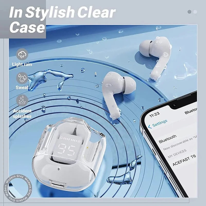 Transparent Earphones Wireless Bluetooth Noise Canceling LED Digital Display Charging Case Waterproof Gaming Compatible