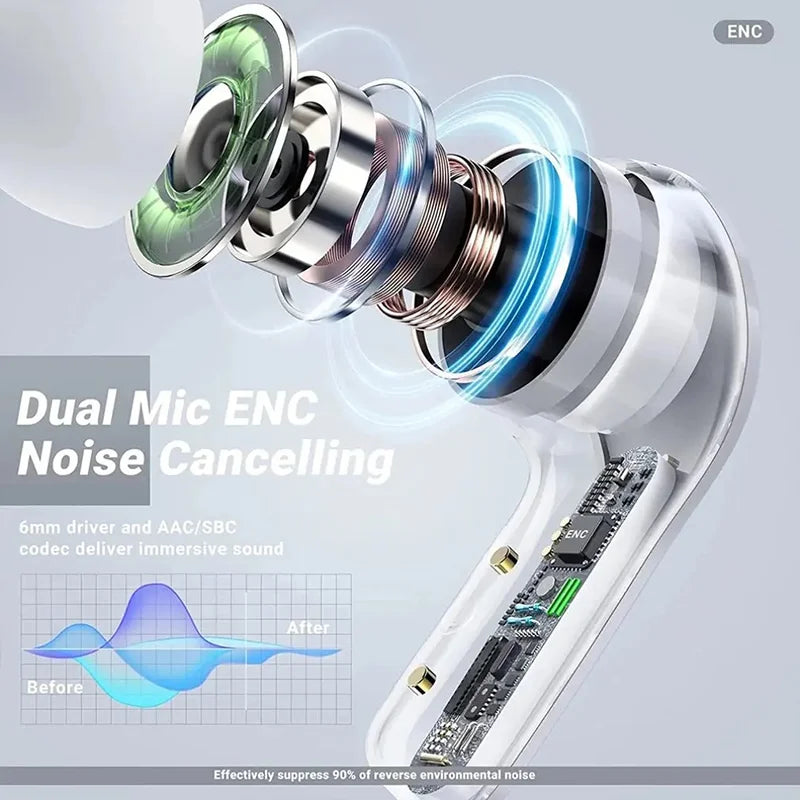 Transparent Earphones Wireless Bluetooth Noise Canceling LED Digital Display Charging Case Waterproof Gaming Compatible